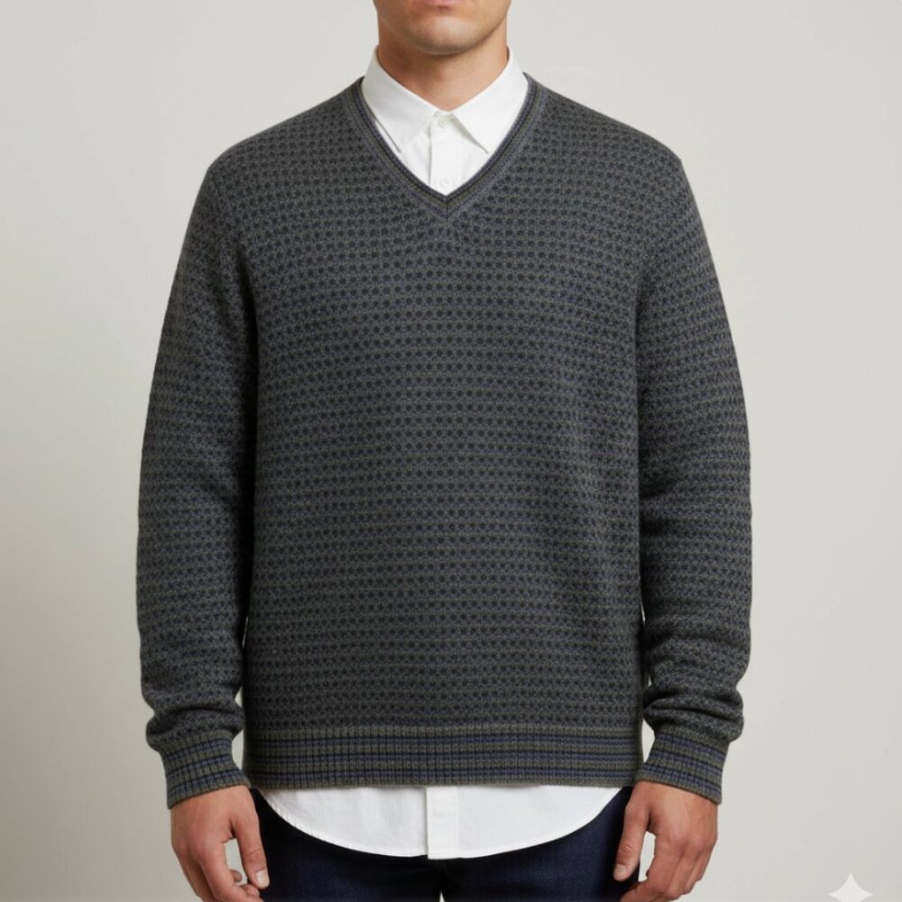 Etro Mens 100% Wool V-Neck Sweater Geometric Knit Grey Blue Made In Italy 2XL